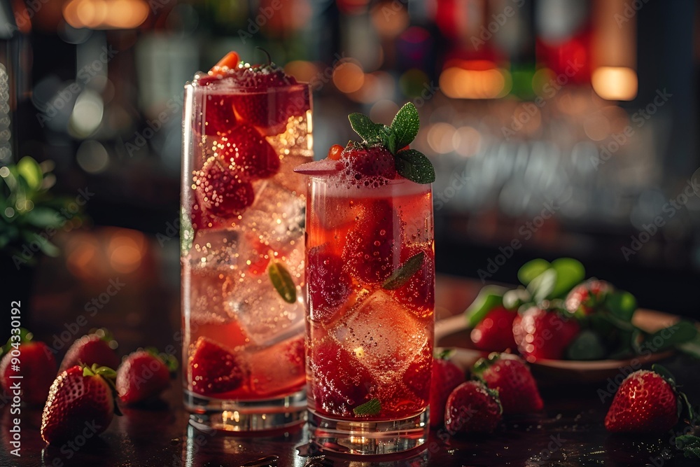 two glasses of red liquid with strawberries and ice. two glasses of red liquid with strawberries and ice.