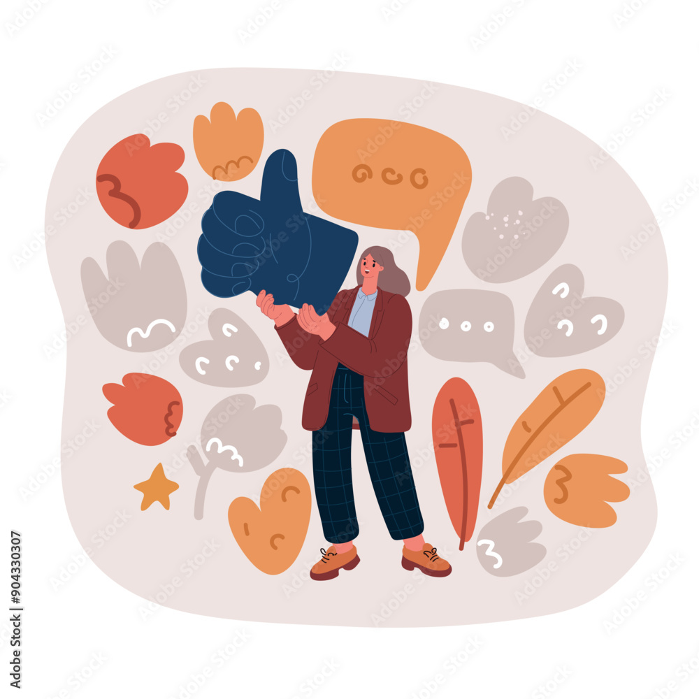 Vector illustration of Happy woman holding social media like button Vector illustration of Happy woman holding social media like button