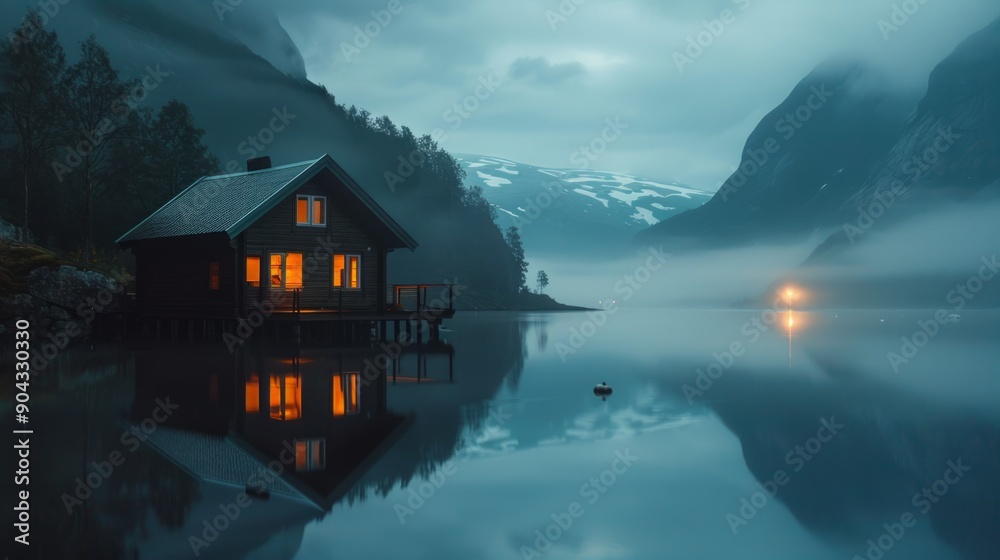 Fototapeta premium cozy cabin on the edge of water