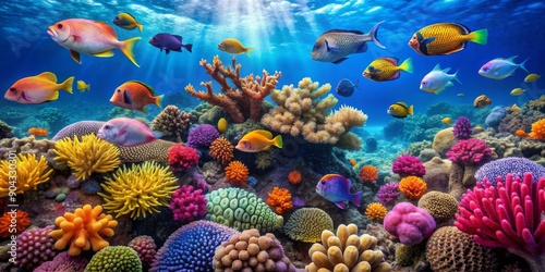 Fototapeta Naklejka Na Ścianę i Meble -  Underwater Paradise A Colorful Composition of Reef Fish and Coral, underwater, coral reef, tropical fish, marine life, ocean