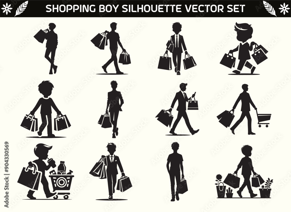 Shopping Boy Silhouette Vector Illustration Set Shopping Boy Silhouette Vector Illustration Set