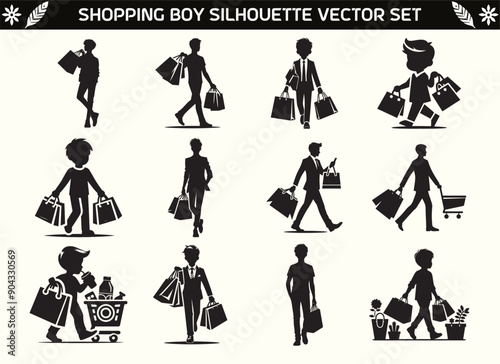 Shopping Boy Silhouette Vector Illustration Set