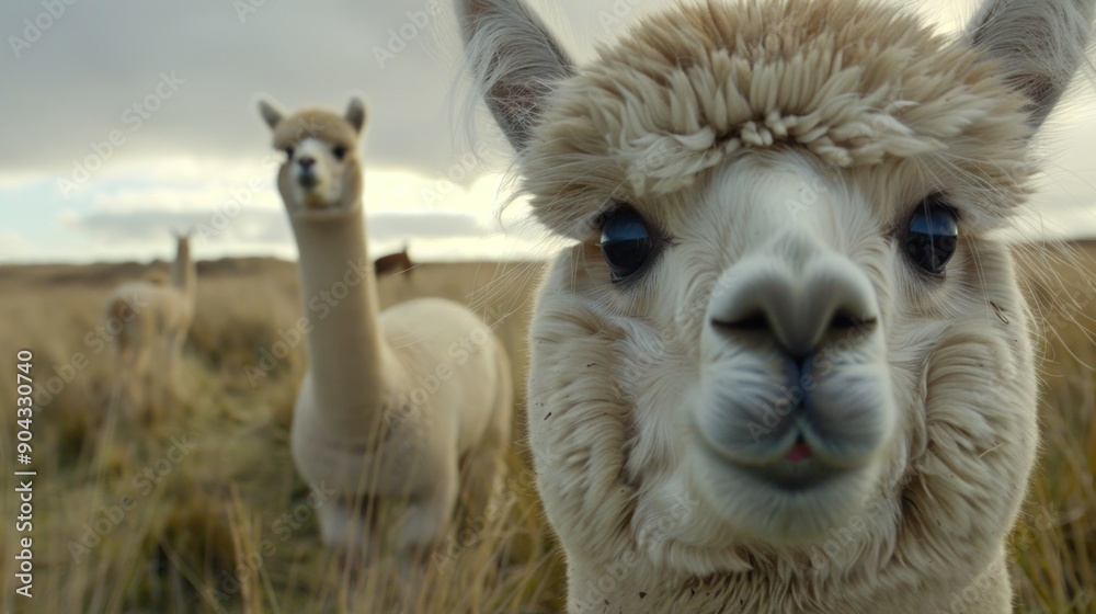 Obraz premium Close Up Portrait of a White Alpaca Looking at the Camera.