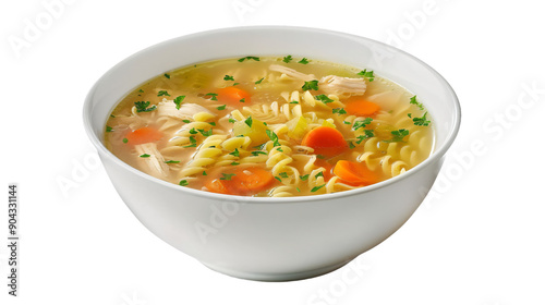 Hot bowl of chicken noodle soup with carrots, noodles, and fragrant herbs on a clear background photo