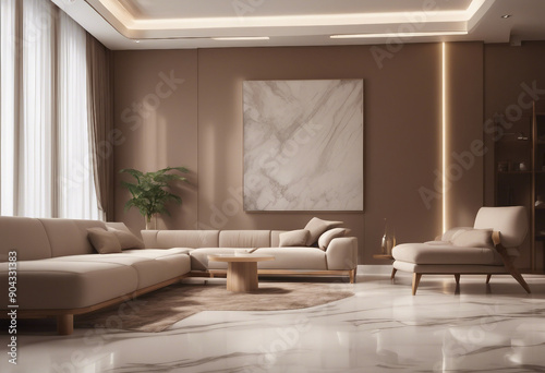 White marble floor tile in brown wall hall luxury living room with beige corner sofa side table wood