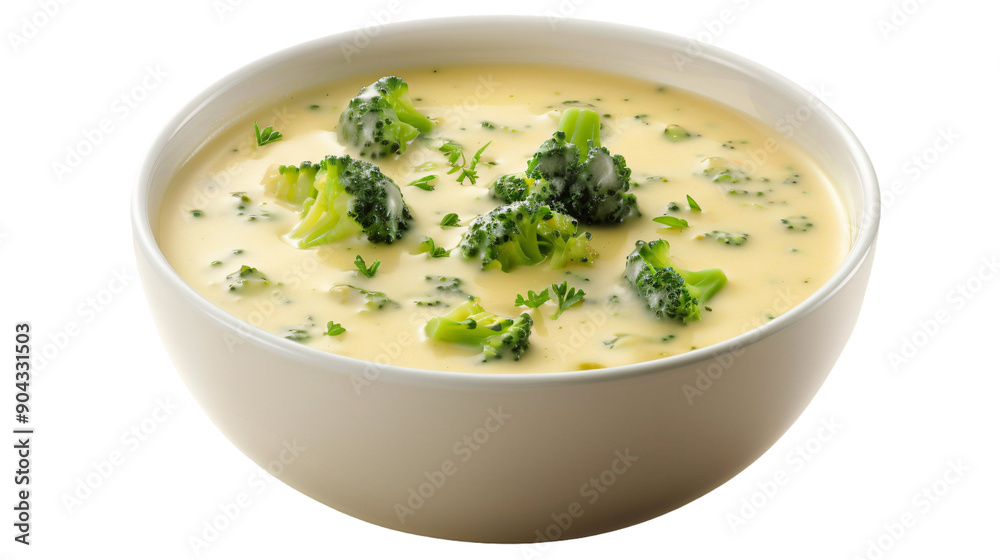 Creamy broccoli soup garnished with fresh herbs in a white bowl on a transparent background Creamy broccoli soup garnished with fresh herbs in a white bowl on a transparent background