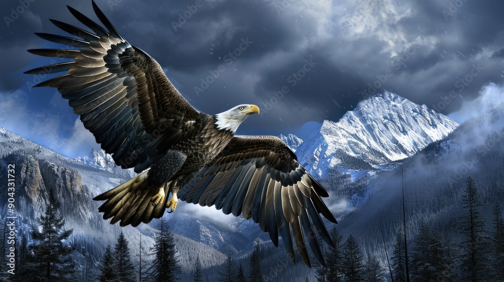 Fototapeta premium Bald Eagle Soaring Above Snowy Mountains.