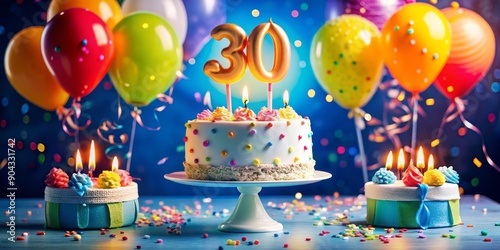 30th Birthday Celebration Cake with Balloons, Candles, and Confetti, birthday, cake, celebration, party