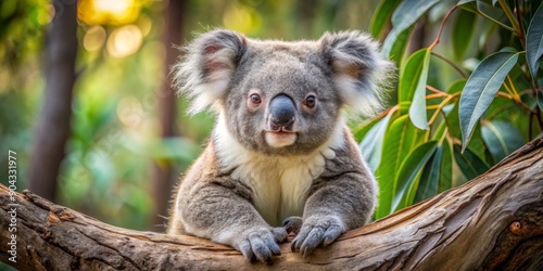 A Close-Up Portrait of a Koala on a Tree Branch, Eucalyptus Leaves in the Background, Soft Focus, Australia, wildlife, fauna, cuddly © BrilliantPixels