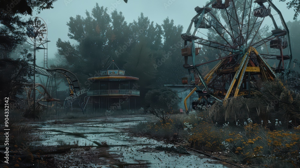 An eerie, empty amusement park with rusting rides and overgrown grass An eerie, empty amusement park with rusting rides and overgrown grass