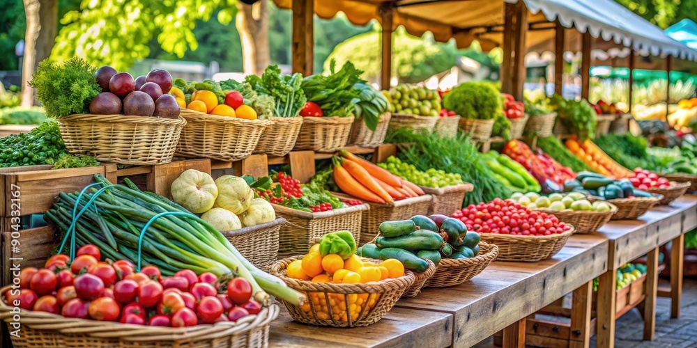 Fototapeta premium A Colorful Bounty of Fresh Produce at the Farmers Market, wicker baskets, wooden table, vibrant vegetables, fresh harvest, farmers market, produce