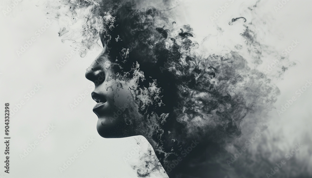 Silhouette of a person made of smoke flows, blending seamlessly into the background, depicting a surreal and ethereal atmosphere. Silhouette of a person made of smoke flows, blending seamlessly into the background, depicting a surreal and ethereal atmosphere.