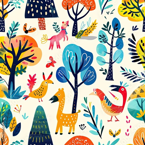 Playful eco-friendly seamless pattern featuring whimsical flowers and leaves in pastel colors, nature-inspired design, detailed and vibrant