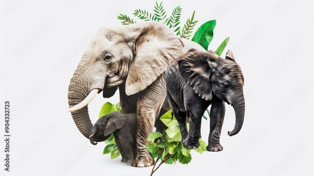 Fototapeta premium Family of elephants surrounded by tropical plants.