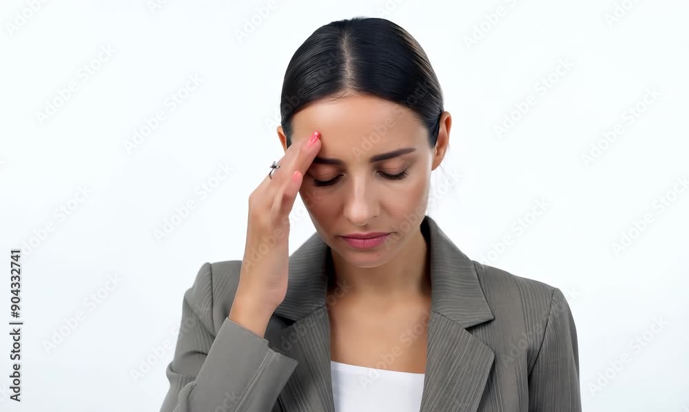 Medium shot portrait video of a woman in her 30s appearing tired and down due to hypothyroidism wearing a classic blazer against a white background 