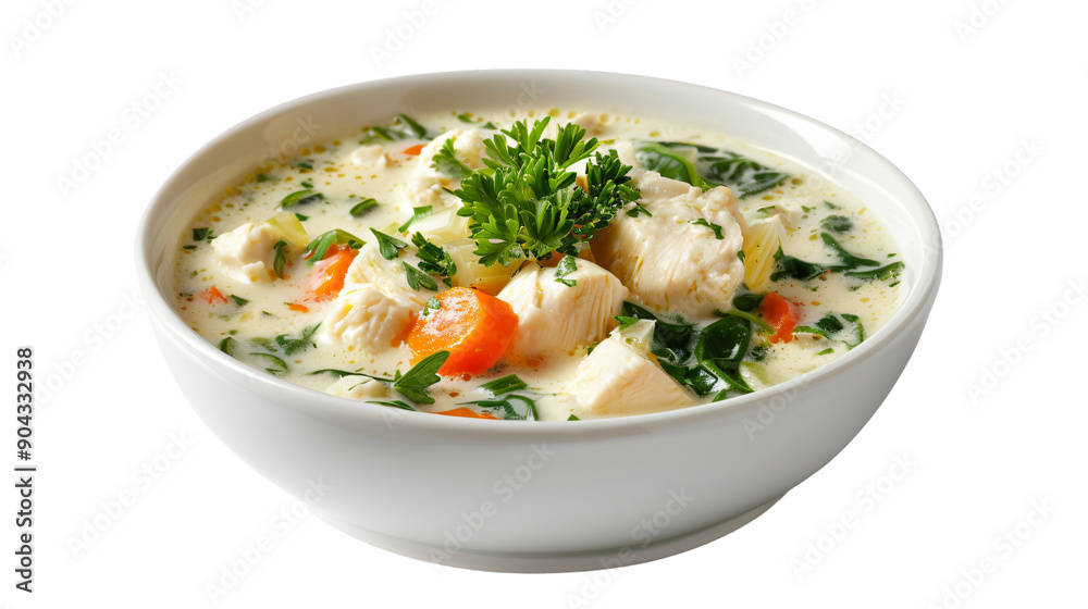 Yummy creamy chicken soup with carrots, spinach, and parsley in a pretty white bowl Yummy creamy chicken soup with carrots, spinach, and parsley in a pretty white bowl