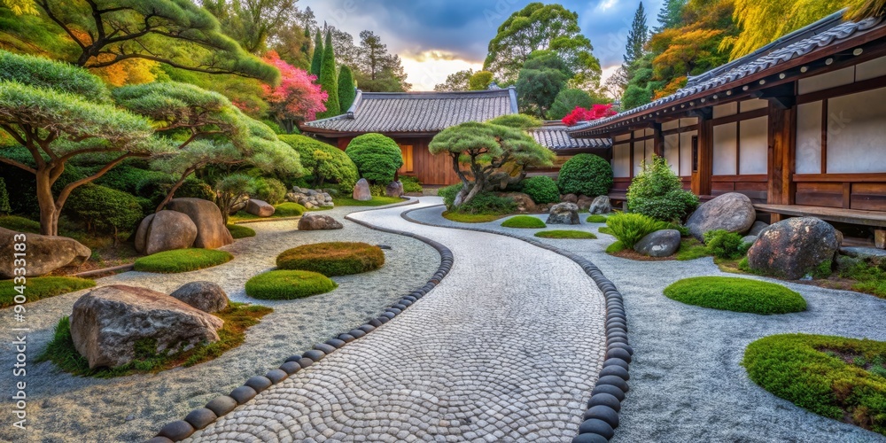 Fototapeta premium A Serene Japanese Garden Path with Cobblestone, Greenery, and a Traditional House, Japanese Garden, Zen Garden, Tranquility, Nature