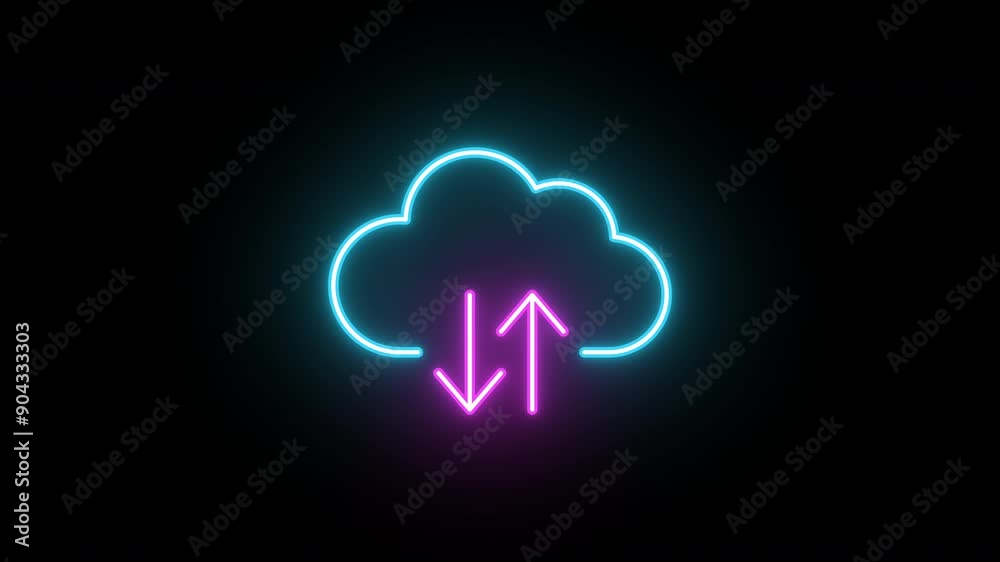 Neon digital cloud icon, data transfer animation. Glowing neon cloud storage with arrows, looped animation. Cloud space and technology, data backup, file repository, datacenter. Blue, magenta colors Neon digital cloud icon, data transfer animation. Glowing neon cloud storage with arrows, looped animation. Cloud space and technology, data backup, file repository, datacenter. Blue, magenta colors
