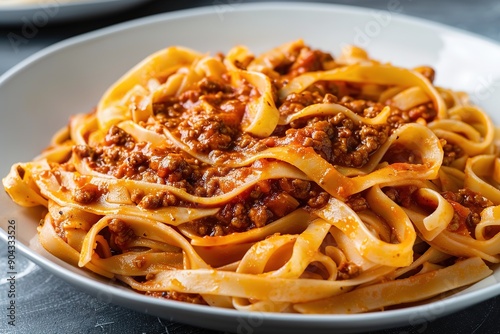 Steaming tagliatelle pasta with rich bolognese sauce photo