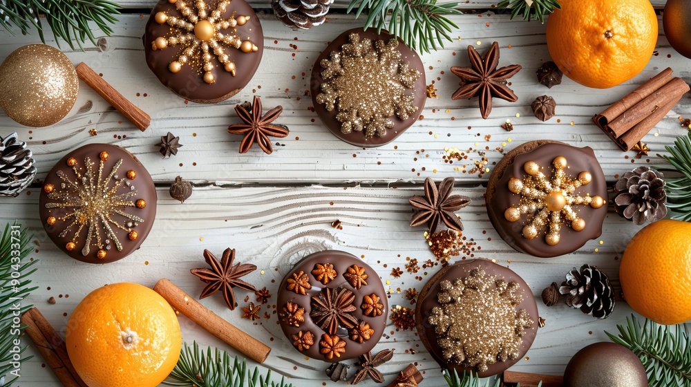Fresh ginger cookies, fir branches and citrus fruits on a gray background. Festive mood. Happy New Year concept Fresh ginger cookies, fir branches and citrus fruits on a gray background. Festive mood. Happy New Year concept