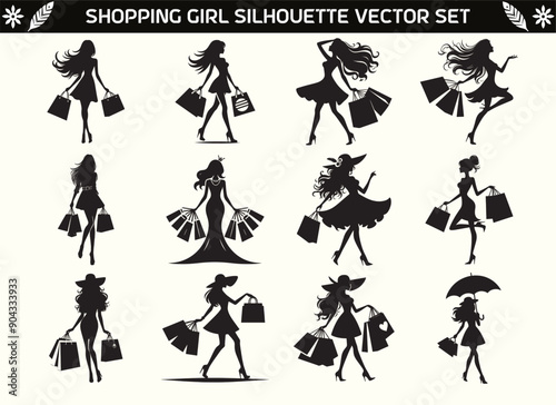Shopping Girl Silhouette Vector Illustration Set