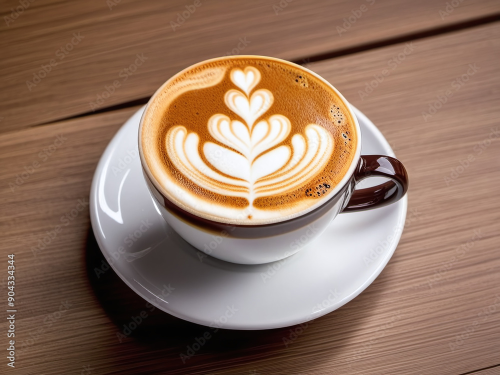 Beautifully Crafted Latte Art in a White Cup on a Wooden Table Beautifully Crafted Latte Art in a White Cup on a Wooden Table