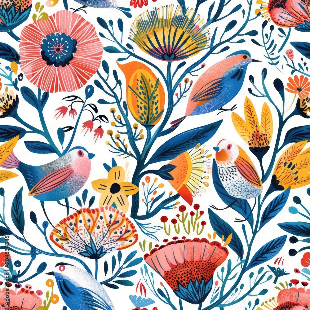 Eco-friendly seamless pattern featuring whimsical flowers and birds, playful and vibrant, detailed nature design Eco-friendly seamless pattern featuring whimsical flowers and birds, playful and vibrant, detailed nature design