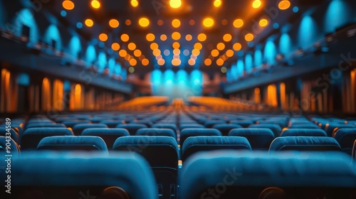 Empty blue theater seats with warm lights above.