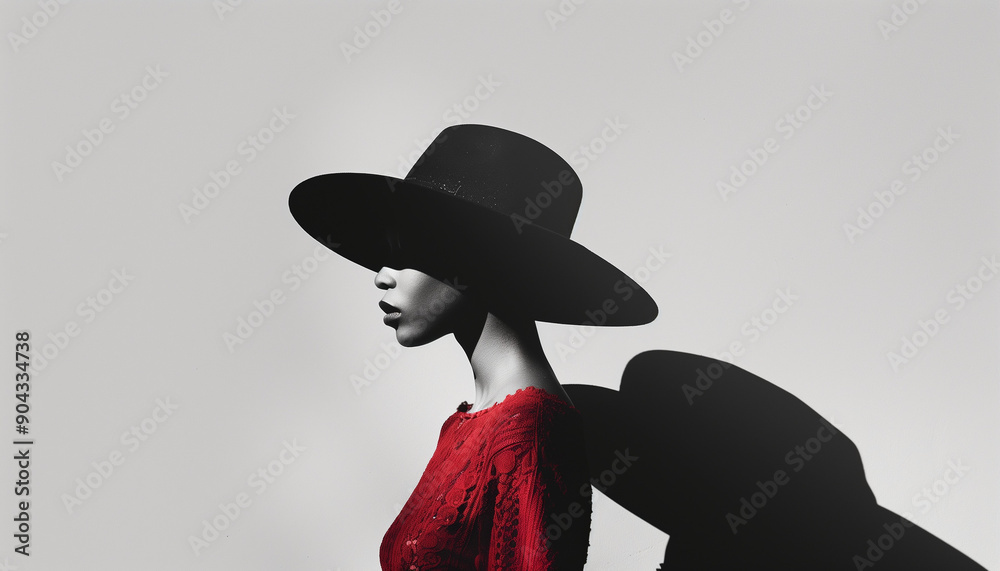 Side profile of a woman wearing a wide-brimmed hat and a red textured top, casting a dramatic shadow against a minimalist white background. Side profile of a woman wearing a wide-brimmed hat and a red textured top, casting a dramatic shadow against a minimalist white background.