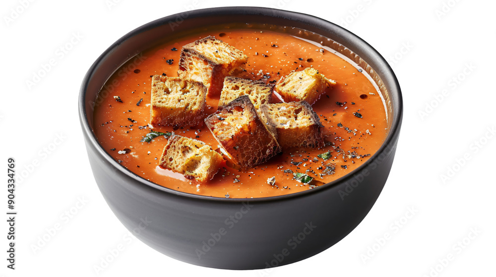 Dish of smooth tomato soup with crunchy croutons on top, set against a clear background Dish of smooth tomato soup with crunchy croutons on top, set against a clear background