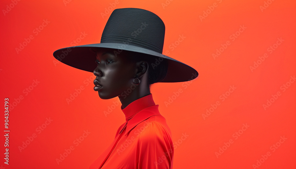Elegant Black woman in a wide-brimmed hat and red dress posing against a vibrant orange background. Elegant Black woman in a wide-brimmed hat and red dress posing against a vibrant orange background.