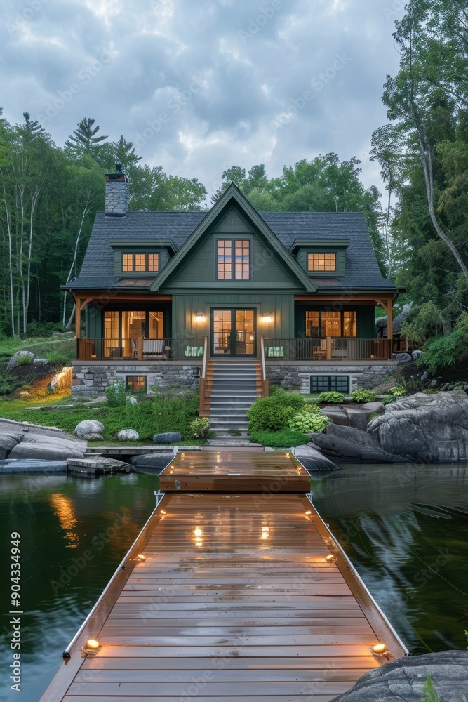 Obraz premium A large house with a dock and a pool. The house is surrounded by trees and water. The house is very large and has a lot of windows