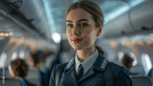 Woman flight attendant in uniform looking at camera in plane 