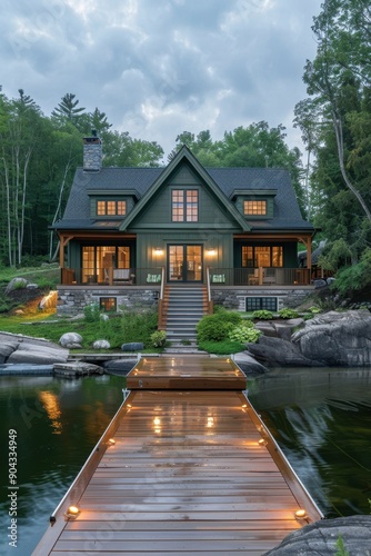 A large house with a dock and a pool. The house is surrounded by trees and water. The house is very large and has a lot of windows