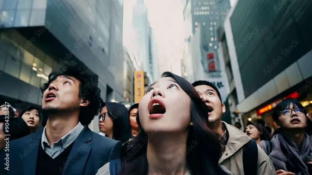 Crowd of people looking up the sky in awe and shocked