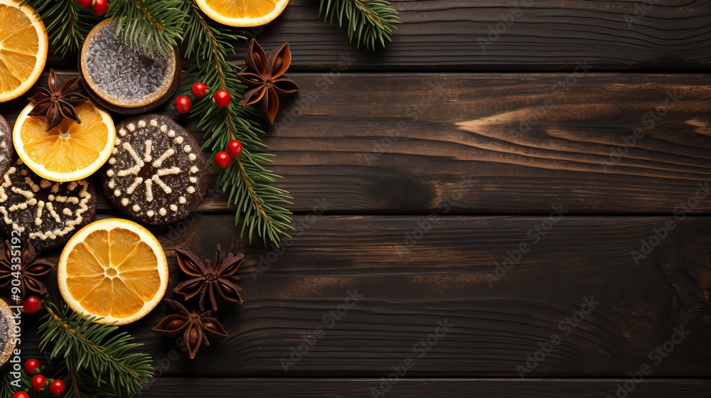 Fresh ginger cookies, spruce branches and citrus fruits on a dark background. Festive mood. Happy New Year concept Fresh ginger cookies, spruce branches and citrus fruits on a dark background. Festive mood. Happy New Year concept