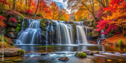 Autumn Waterfall Serenity Long Exposure of Cascading Waters in a Vibrant Forest, Waterfall, Nature, Autumn, Forest