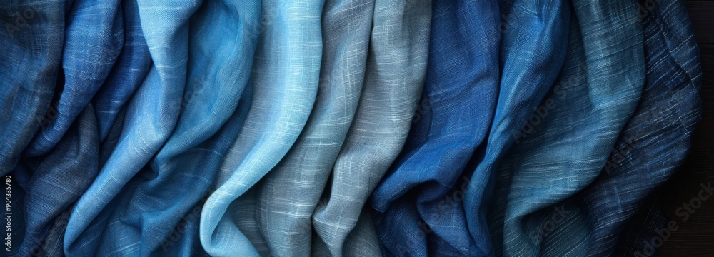 A close-up image of denim fabric arranged in a gradient of blues A close-up image of denim fabric arranged in a gradient of blues