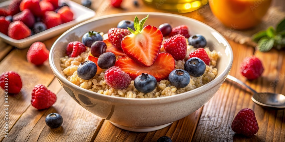 Bowl of Oatmeal with Berries and Strawberries, breakfast, healthy food, granola, fruit Bowl of Oatmeal with Berries and Strawberries, breakfast, healthy food, granola, fruit