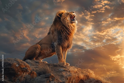 Majestic lion roaring on a rocky cliff under a dramatic sky, Wildlife, Power and strength