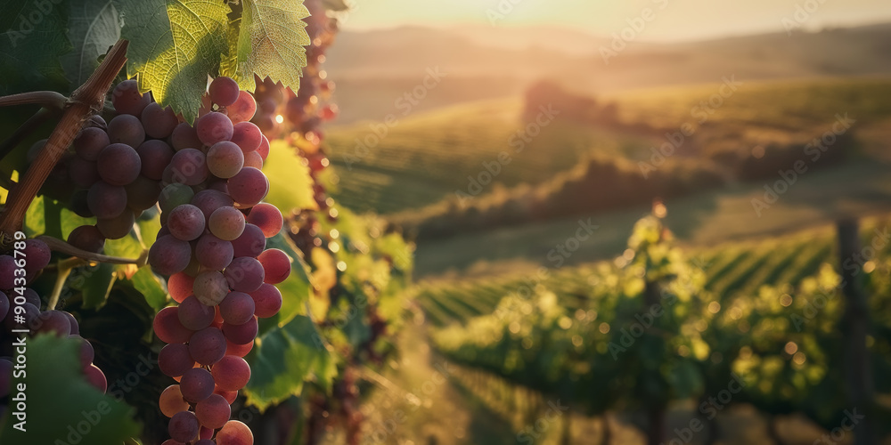 Fototapeta premium Vineyard Landscape with Ripe Grapes at Sunset Serene Countryside Scene of Lush Rows of Vines and Rolling Hills