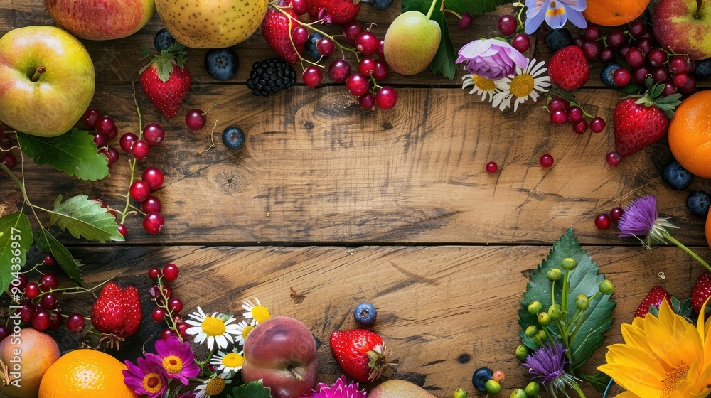 Fresh and pleasant display of juicy fruit on a wooden table, surrounded by colorful flowers and fresh berries, with space for advertisements. Fresh and pleasant display of juicy fruit on a wooden table, surrounded by colorful flowers and fresh berries, with space for advertisements.