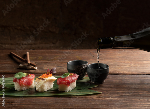 Elegant sushi arrangement with sake pouring on rustic table photo