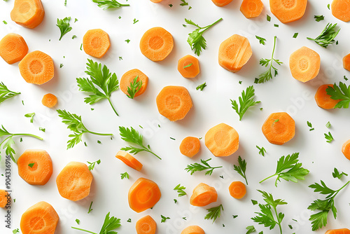 Carrot greens vegetable slices on a clean white background