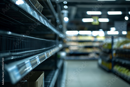 Empty Store Shelves in Supermarket Indicating Scarcity and Supply Chain Issues photo