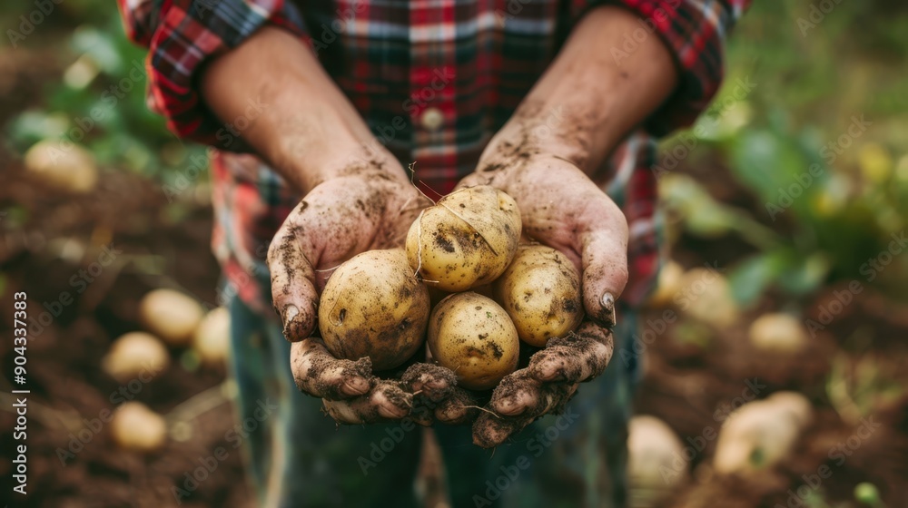 Hands holding freshly harvested potatoes Hands holding freshly harvested potatoes