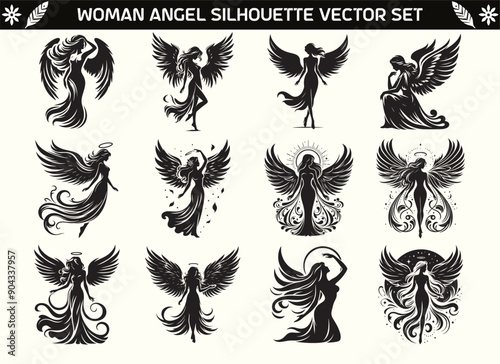 Women Angel Silhouette Vector Illustration Set