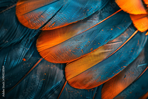 The abstract texture of colorful golden feathers on a dark background, with orange and blue colors, in the style of macro photography.