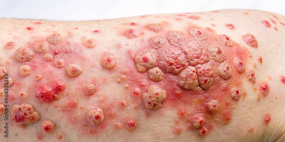Close-up of Skin with Red Bumps and Lesions, skin rash, dermatology, inflammation, disease Close-up of Skin with Red Bumps and Lesions, skin rash, dermatology, inflammation, disease