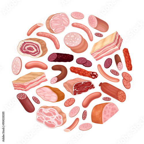 Meat Market Round Composition Design with Butchery Food Vector Template